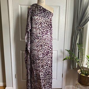 NWOT Badgely Mischka Gown One Shoulder Tunic Animal Print Silk Ruffle Purple S